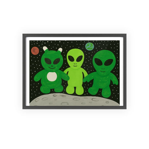 Alien Friends Poster with Wooden Frame — Cute Green Aliens Wall Art